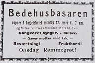 Annonse for «Bedehusbasaren» våren 1923. Byggjearbeidet tok til om sommaren.