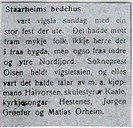 Notis i Fjordabladet, 7. oktober 1924, om vigslinga av «Staarheims bedehus» søndag 5. oktober 1924.