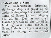 Notis i avisa «Sogn og Fjordane» (15.07.1947)  om nederlandsk flåtebesøk i Sogn i dagane 17. – 20. juli 1947.