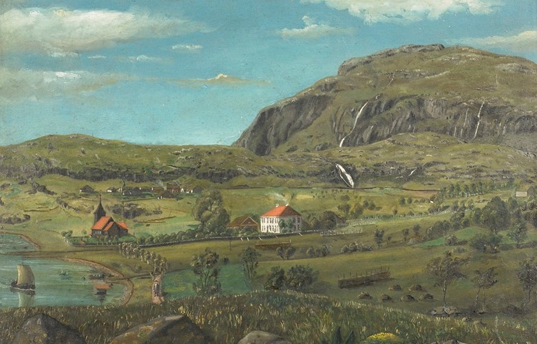 «Askevold prestegård, 1849» måla av Anders Askevold. Askvoll kyrkje var vallokale tre gonger i 1814: På den særskilde bededagen 18. mars, ved valet av valmenn til omframt storting 9. september og ved valet av valmenn til det første ordinære stortinget 30. desember. 