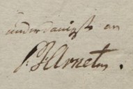 «Underdanigst av P. J. Arnet». Peter Johan Arnet (1740-1826) frå Skogn i Levanger som var sokneprest i Askvoll i perioden 1789-1815.