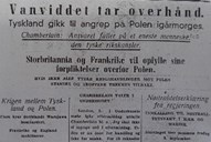 <p>Kirgsutbrotet 1. september 1939. Utsnitt fr&aring; nyhendeoppslag i H&oslash;yanger Avis, 2. september.</p>