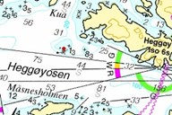 <p>Utsnitt av sj&oslash;kart som viser staden &laquo;Kong Harald&raquo; grunnst&oslash;ytte, Hegg&oslash;yb&aring;en (det raude merket) vest i Hegg&oslash;yosen, p&aring; nordsida av Atl&oslash;y, Askvoll.</p>
