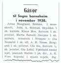 Frå ei gåveliste i bladet "Sognevarden", oktober 1938. Naturaliagåvene utgjorde store verdiar. Dei vart ikkje omrekna i pengar og kom difor ikkje med i rekneskapet. 

