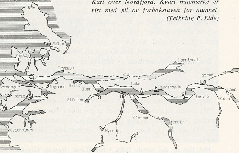 Kart som viser milemerke i Nordfjord. Merket lengst inne i fjorden var Lundehella på Lunde, på kartet merka med L.