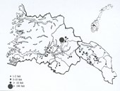 Kartet viser utbreiinga av gropristingar i Sogn og Valdres. Det finst og gropristingar i Sunnfjord og Nordfjord, men dei er ikkje markerte på kartet.
