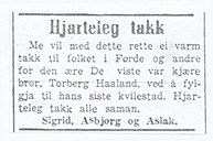 Syskena til Torberg Haaland var takksame for at folk møtte fram og følgde broren til grava. Annonse i Firda, 25. august 1945.