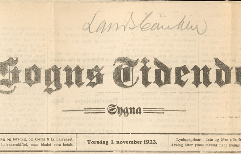 "Sogns Tidende" 1. november 1923. Tittelen vart seinare endra til "Sogns Tidend".