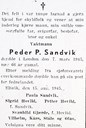 Kunngjering i Fjordenes Tidende, 20. august 1945, frå familien om at Peder P. Sandvik døydde i London 7. mars 1945.