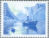 D/S "Hornelen" ved Gudvangen i botn av Nærøyfjorden. Frimerket var eitt av to i utgåva <i>Norden XII</i> med felles tema <i>kystfart</i> som kom ut 20. april 1998.