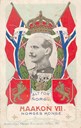 Patriotkort som viser Norges Konge omkransa av kongskrona, riksvåpenet og det norske orlogsflagget.