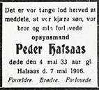 Dødsannonse i Fjordenes Blad, 9. mai 1916. 