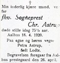 Christian Astrup døydde 18. april 1920. Dødsannonse i <i>Firda</i> 21.04.