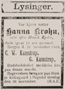 Dødsannonse, Hanna Krohn, i Sogns Tidende tysdag 24. november 1903. Gravferda er tillyst torsdag, men gravferdsomtalen seier at gravferda var fredag 27. november.