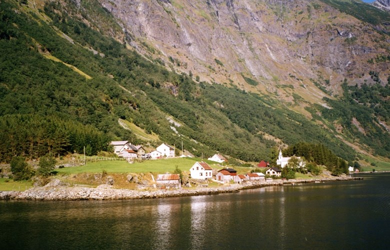 Bakka, sett mot nord. Til venstre ligg bruk nr 2, bruk nr 1,4 og 5 ligg lenger bak. Nede ved sjøen budde husmenn og strandsitjarar.