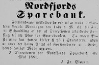 Kunngjering om forstandarskapsmøte i Nordfjords Sparebank 06.05.1881.