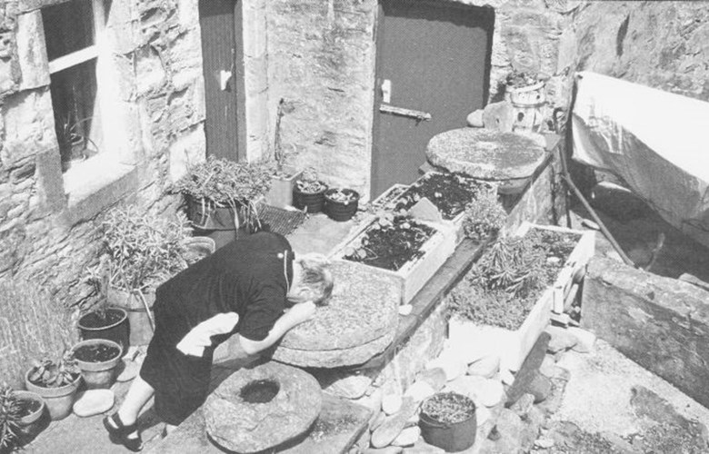Fylkesgeolog Bjørn Falck Russenes granskar ein kvernstein attmed eit bustadhus i Lerwick. Bergarten liknar på glimmerskifer-gneisen i Hyllestad.



