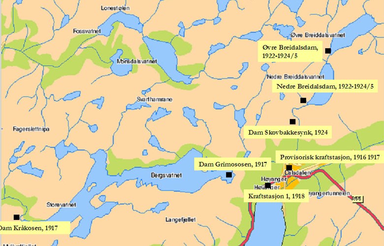 Oversyn over vassdraga som vart regulerte og utbygde i samband med bygginga av kraftstasjon 1. Øyrerøyret vart sett i drift i 1918, medan Hjetlandsrøyret kom i drift i 1922. Med på kartet er også den provisoriske kraftstasjonen på Hjetland.

