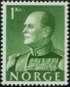 Eit av dei første frimerka med portrett av kong Olav V etter tronskiftet 21. september 1957. Frimerket vart utgjeve i 1958.



