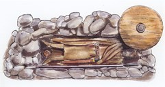 I den eldste gravhaugen på Modvo, som ligg tett inntil huset, vart truleg stammora til slekta gravlagd. I den andre haugen, som låg 50 m frå huset, vart truleg mannen til stammora gravlagd. I same haugen vart neste generasjon også gravlagd.
