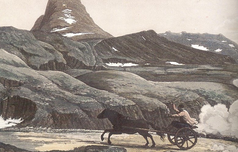 Postkøyrar over Filefjell. Frå "Voyage pittoresque aux alpes norvègiennes" av Wilhelm Maximilian Carpelan (1787 - 1830).
