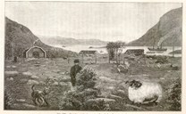<p>Bilete (xylografi) fr&aring; Hovdev&aring;g i boka <i>Faarehold i Norge</i> av Johan Schumann som han utga p&aring; eige forlag 1899.</p>