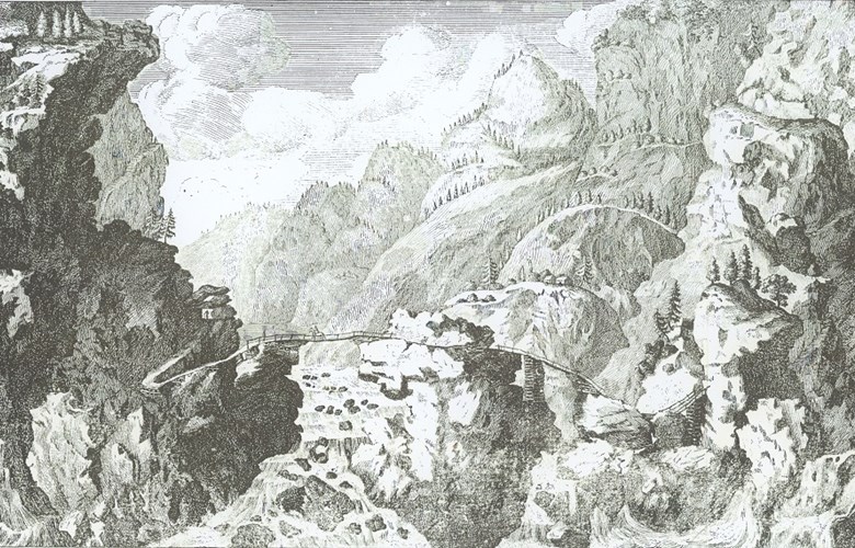 "Gallerne En Farlig Vey under Filefjeld" er den originale teksten til denne illustrasjonen frå 1752. Pontoppidan skriv om berghammaren som heng utover og grovsteinura under. Teiknaren M. Blumenthal, eller den som teikna skissene, har sete på Gjerdegalden, på andre sida av elva og teikna hovudmotivet. Elva renn "inn" i biletet. Elles er fleire kjennelege motiv plassert tåleg bra geografisk i det gamle koparstikket.
