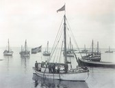 Fiskebåtar for anker ved Andenes rundt 1910. Båten i framgrunnen var eigd av brørne Rasmus, Andreas og Søren Strand som flytta frå Barøy i 1880-åra. Dette var den fyrste motorbåten deira, men han er også rigga for segl. Truleg er biletet teke då dei nett hadde fått båten.
