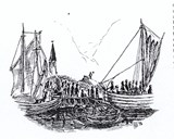 Det finst sjølvsagt ikkje foto frå halshogginga i Fresvik i 1845. Her ei teikning frå 1993 av Per Johnny Undi. Nede på fjorden låg det tjukt med båtar, ei slik hending trekte naturleg nok mykje folk.
