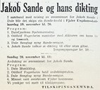 Kunngjering om Jakob Sande-kveld og avdukingshøgtid i Firda, 15.11.1966.

