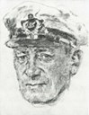 Kaptein Thorvald Johannessen (1889-1940). Portrett-teikning i jubileumsboka til Fylkesbaatane som kom ut i 1958.