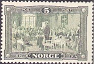 Til grunnlovs-jubileet i 1914 gav postverket ut tre minnefrimerke med motiv Riksforsamlinga på Eidsvoll 1814, etter Oscar Wergeland sitt måleri frå 1885.