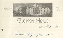 Brevhovud på Gloppen Mølle sitt brevpapir i 1941. Brevet er sendt til Breims Forsyningsnemnd og underskrive av "forretningsføraren" E. Sortrup.

