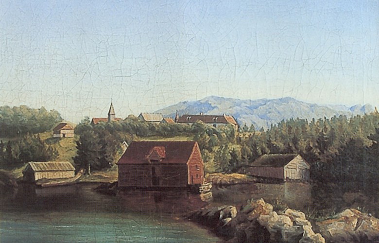På dette måleriet frå 1850-åra ser vi kyrkja på Svanøy oppe på haugen, like ved Svanøy Hovudgard. Det var ei krosskyrkje, bygd kring 1650. Kyrkja stod midt på flata der kyrkjegarden enno ligg.