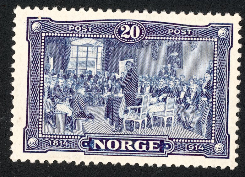 Bilete av frimerke med Riksforsamlinga i 1814.