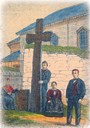 Dette biletet er teikna etter fotografi og står i "Illustreret Nyhedsblad", 20.05.1886. Døypefonten til venstre for krossen vart flytta inn i kyrkja i 1905 og er framleis i bruk.
