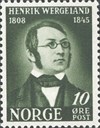 I 1945 gav Postverket  ut tre minnefrimerke i høve 100-årsdagen for Henrik Wergelands død. Motivet vart laga etter portrettfotografi (daguerrreotypi)  frå 1840 eller 1841.
