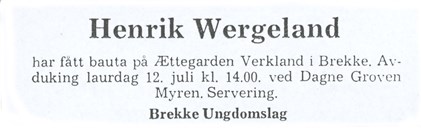 Kunngjering av avdukingshøgtid i Bergens Tidende 11.7.1975.