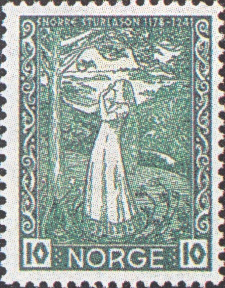 Bilete av eit minnesfrimerke fra 1941. På frimerke er "Dronning Ragnhilds draum" illustrert.