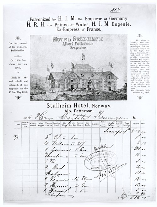 Bilete av rekninga frå Oscar II og fylgjet hans' overnatting på Stalheim Hotel.