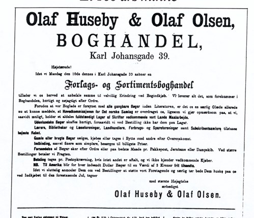 Bilete av ei annonse om Olaf's nye bokhandel på Karl Johan.