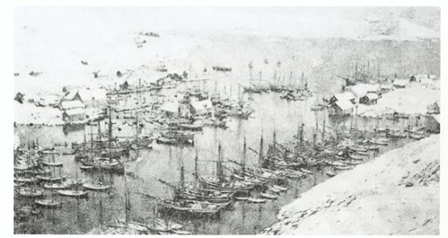 Bilete av Kalvåg hamn frå kring 1900.