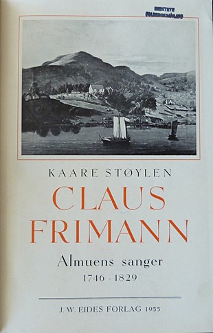 Bilete av tittelbladet til Bernt Støylen sin bok om Claus Frimann.