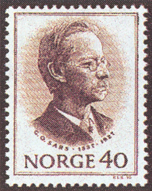 Bilete av eit frimerke med Georg Sars illustrert.