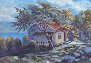 Johan Fahlstrøm var i tillegg til å vera ein kjend skodespelar også ein anerkjent målar og bilethoggar. Her ser me målarstykket "Møllerens hus i Balestrand"