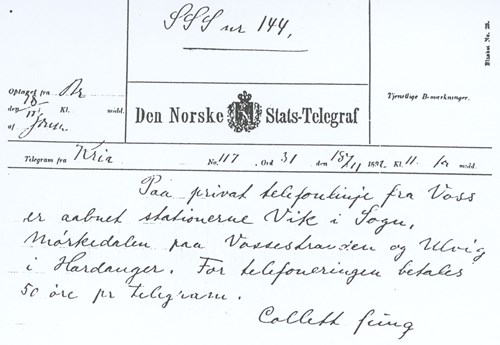 Bilete av ei tenestemelding frå 1892, sendt av telegrafidrektør Jonas Collet.