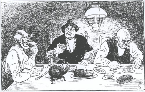 Illustrasjon av to personar som ikkje tykkjer om gamalost-aromaen, mens ei likar pålegget.