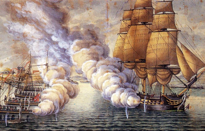 Den britiske fregatten "Tartar" var med på blokaden av Norge i ufredsåra 1807-1814. Her er krigsskipet i kamp med "bergenske" kanonbåtar utanfor krutverket på Alvøen ved Bergen i 1808.
