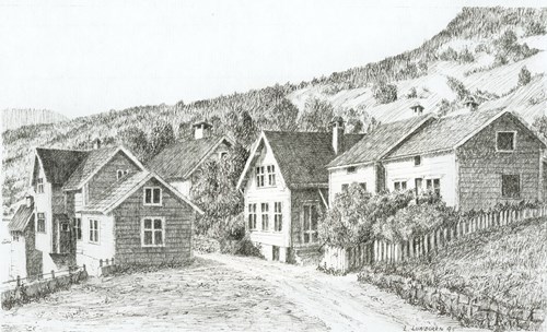 Teikning av hus i Skagen sentrum frå gamalt av.