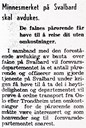 Notis om avduking av minnesmerke for falne på Svalbard. Fjordenes Tidende 18.07.1949.